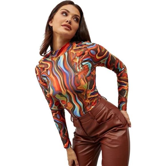 Women's Mock Neck Long Sleeve Fitted Graphic Print T-Shirt Tee Tops - Picture 5 of 5